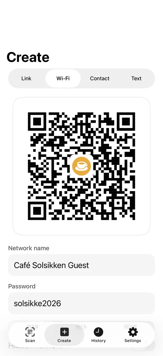 Make codes for Wi-Fi, links and contact cards, with your logo in the middle.